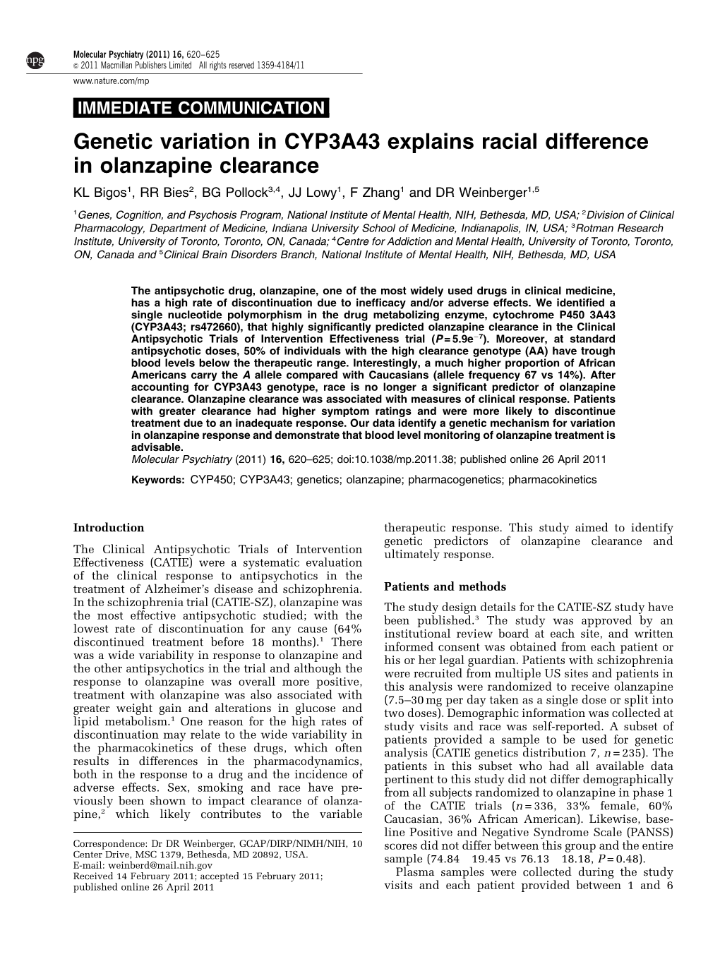 Genetic Variation in CYP3A43 Explains Racial Difference in Olanzapine Clearance