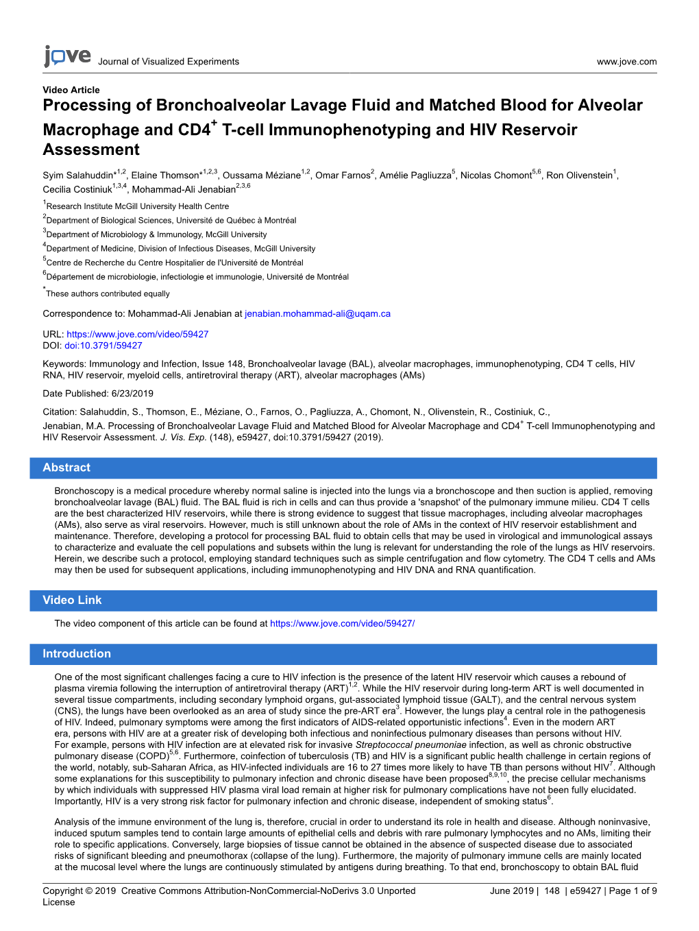 Processing of Bronchoalveolar Lavage Fluid and Matched Blood for Alveolar Macrophage and CD4+ T-Cell Immunophenotyping and HIV Reservoir Assessment