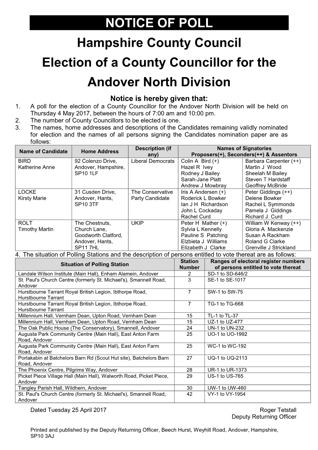 NOTICE of POLL Hampshire County Council Election of a County