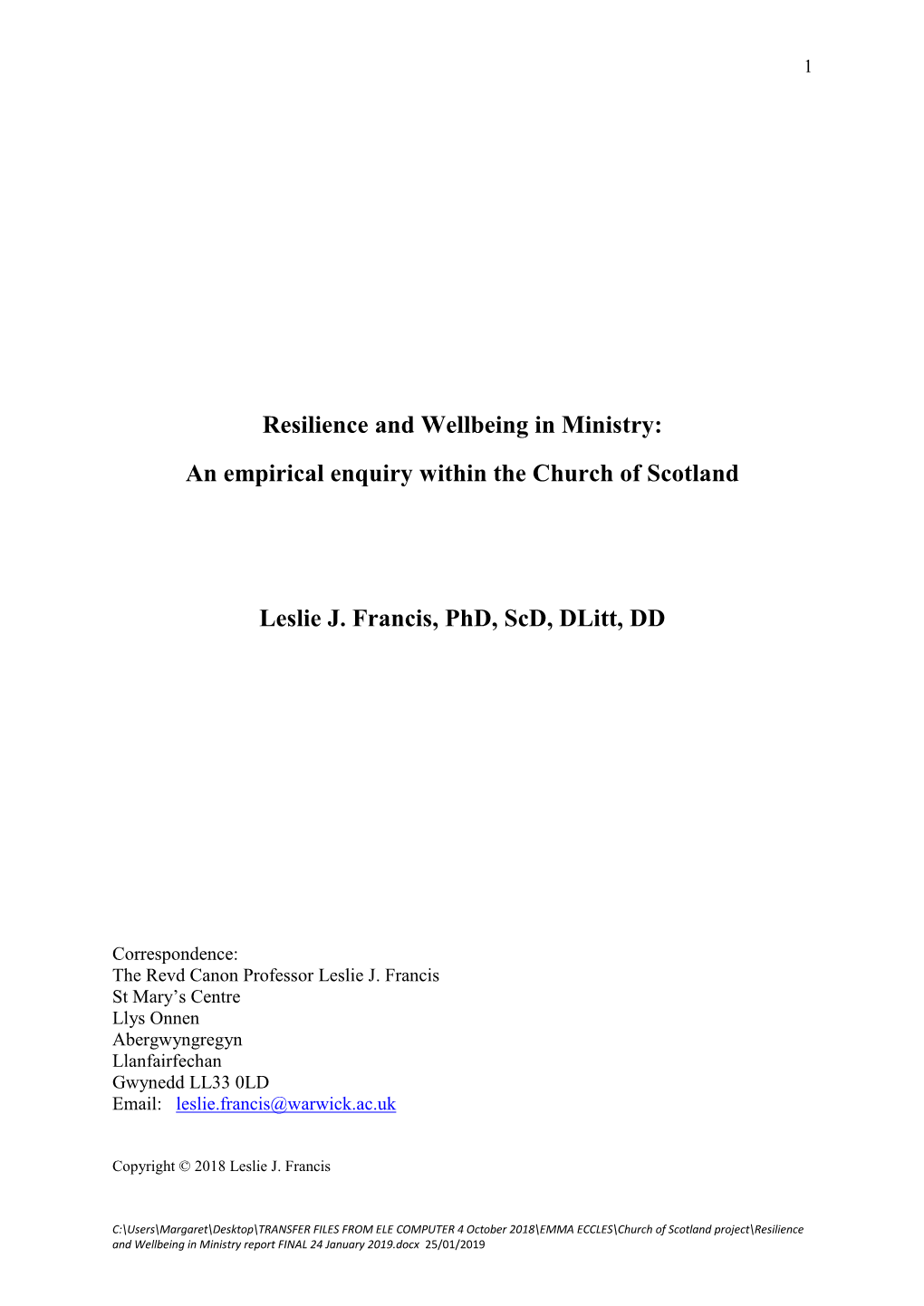 Resilience and Wellbeing in Ministry: an Empirical Enquiry Within the Church of Scotland