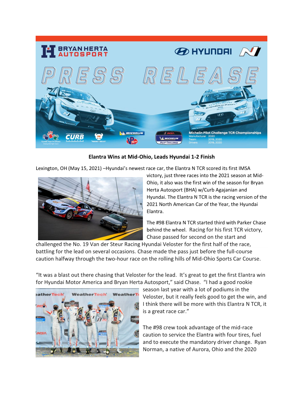 Elantra Wins at Mid-Ohio, Leads Hyundai 1-2 Finish Behind The