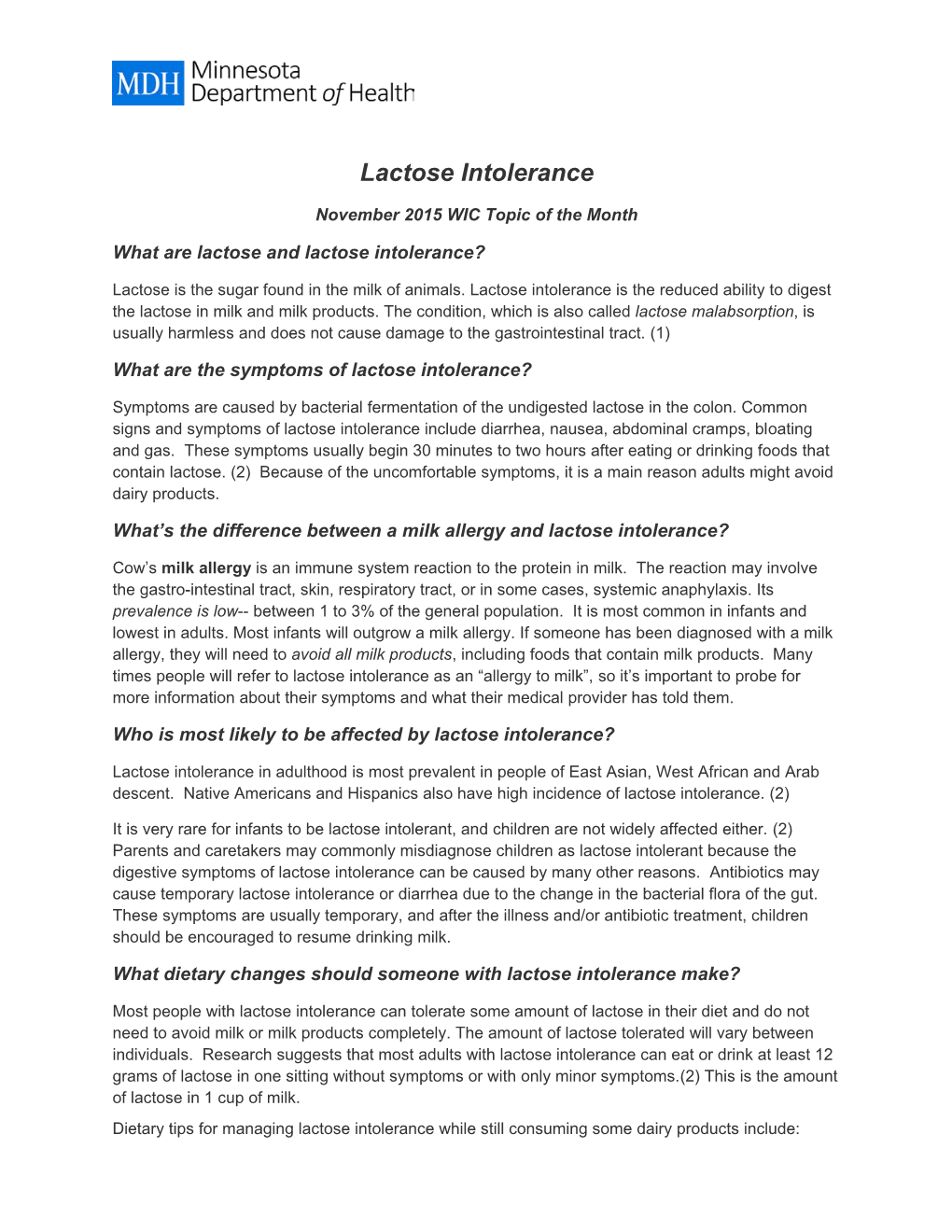 Lactose Intolerance November 2015 WIC Topic of the Month What Are Lactose and Lactose Intolerance?