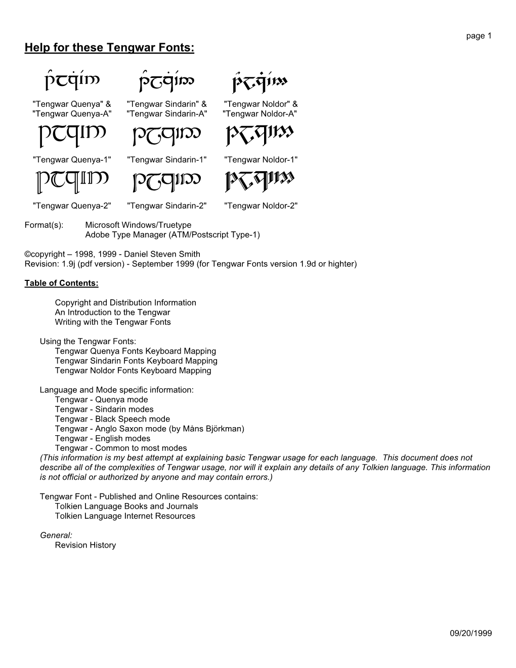 Tengwar Help File for My Tengwar Font Pack for Windows