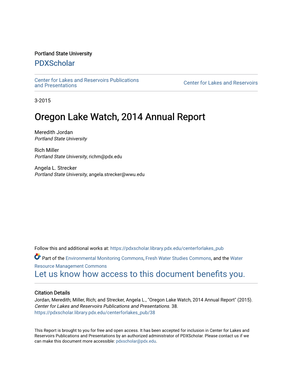 Oregon Lake Watch, 2014 Annual Report