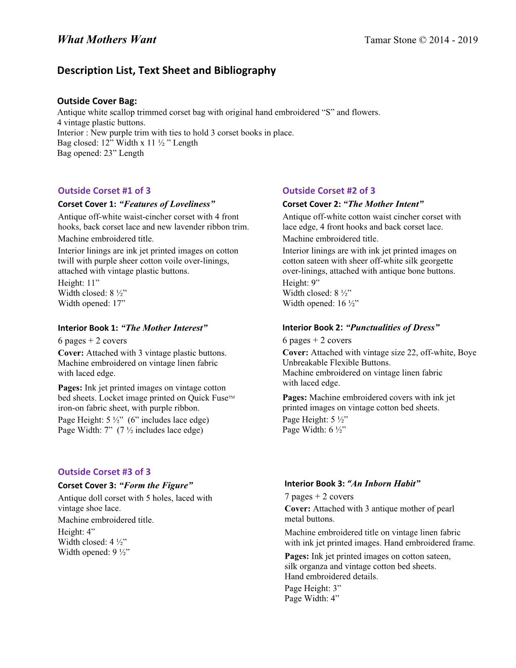 What Mothers Want Description List, Text Sheet and Bibliography