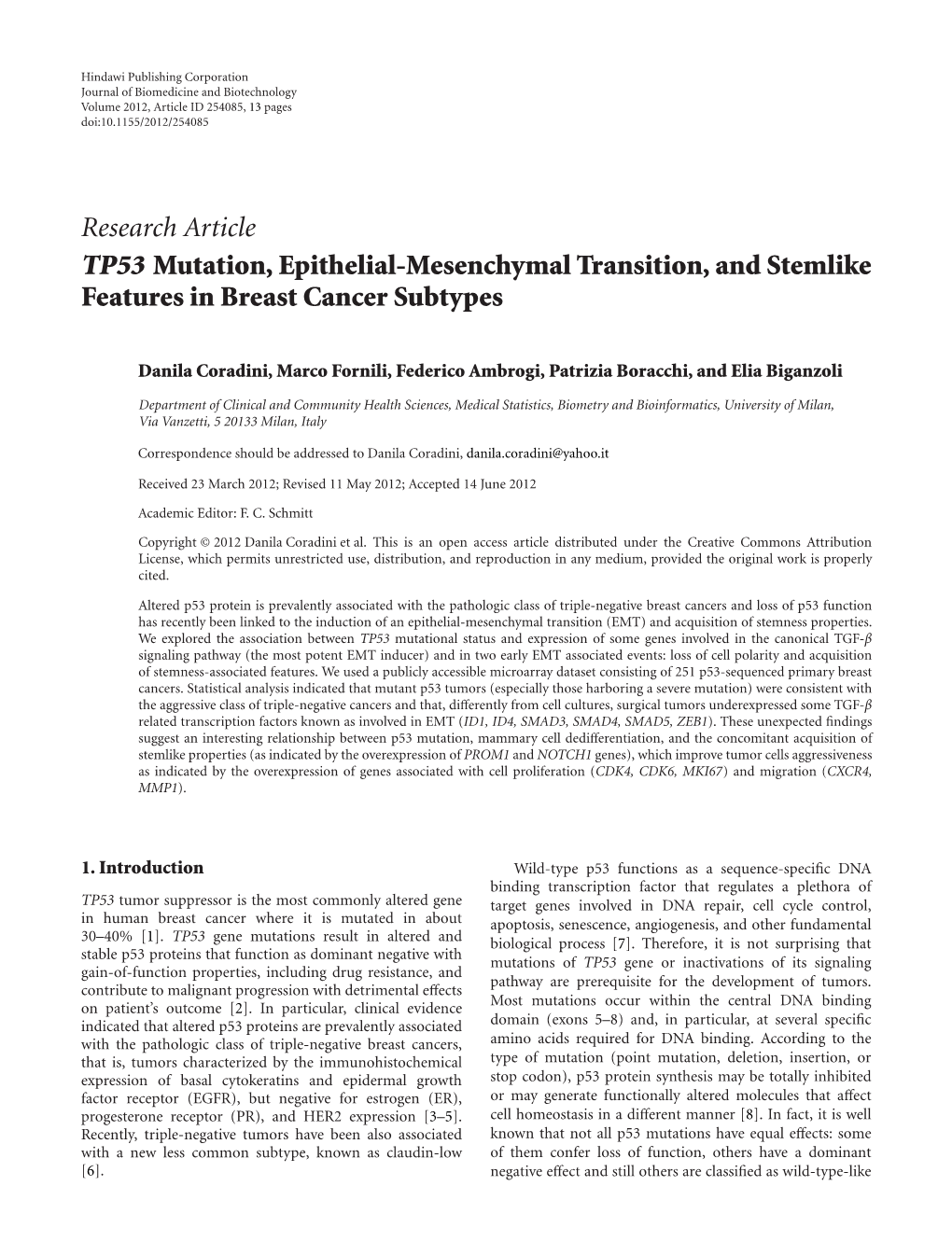 TP53 Mutation, Epithelial-Mesenchymal Transition, and Stemlike Features in Breast Cancer Subtypes