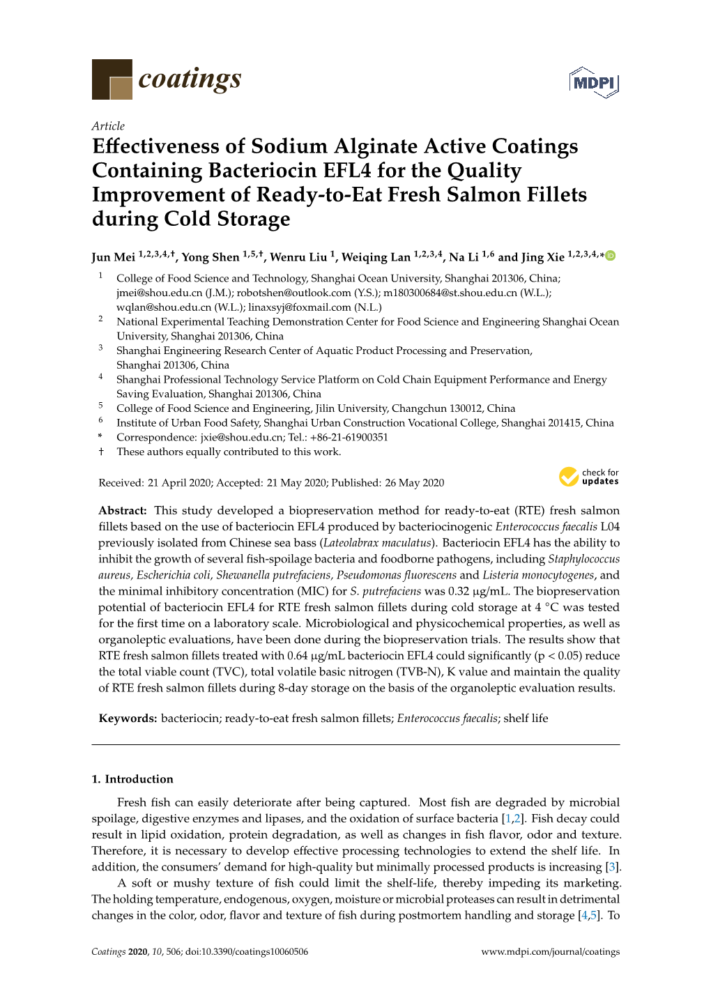 Effectiveness of Sodium Alginate Active Coatings Containing Bacteriocin EFL4 for the Quality Improvement of Ready-To-Eat Fresh Salmon Fillets During Cold Storage