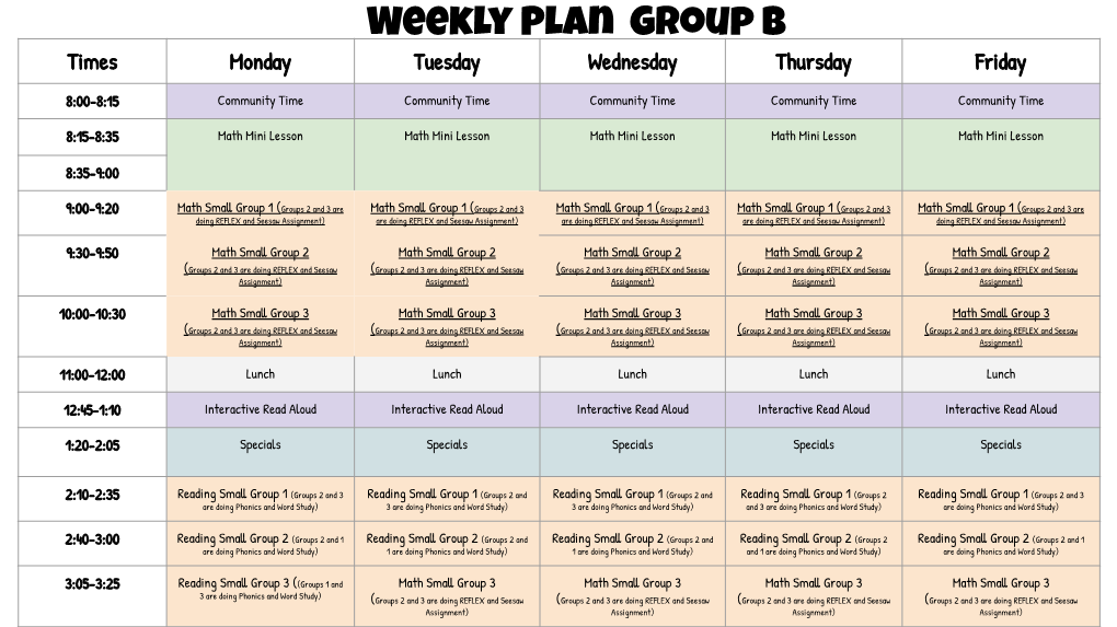 Weekly Plan Group B Times Monday Tuesday Wednesday Thursday Friday