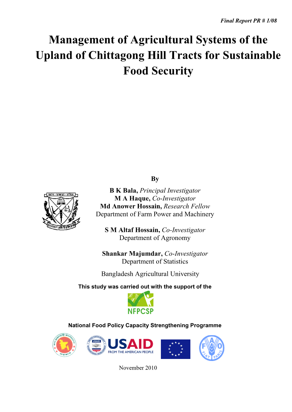 Management of Agricultural Systems of the Upland of Chittagong Hill Tracts for Sustainable Food Security