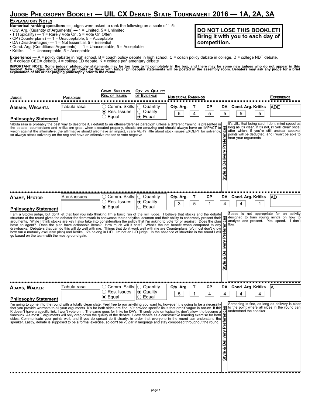 Judge Philosophy Booklet — Uil Cx Debate State Tournament 2016