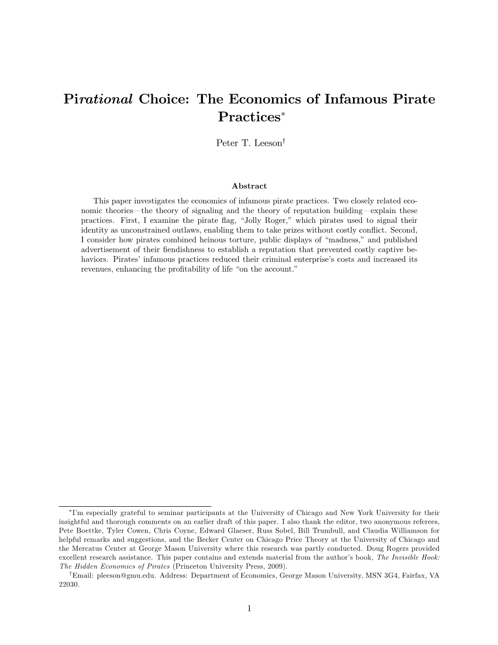 Pirational Choice: the Economics of Infamous Pirate Practices*