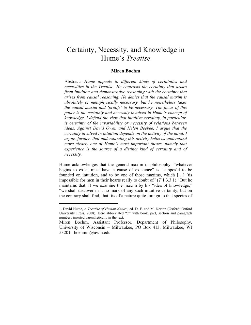 Certainty, Necessity, and Knowledge in Hume's Treatise