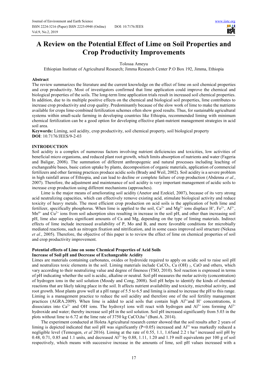 A Review on the Potential Effect of Lime on Soil Properties and Crop Productivity Improvements