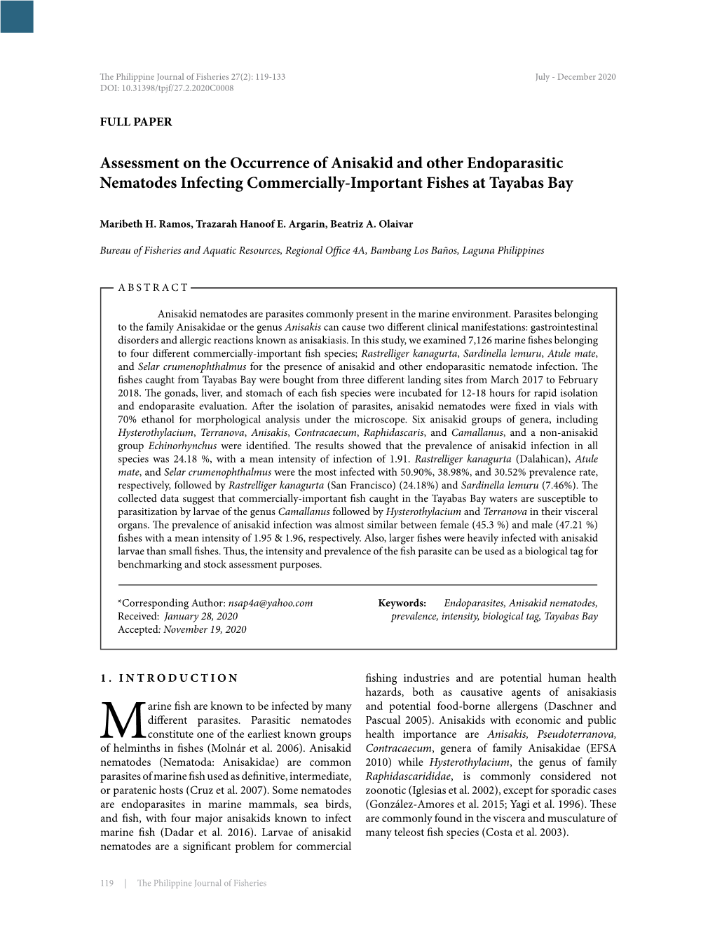 Assessment on the Occurrence of Anisakid and Other Endoparasitic Nematodes Infecting Commercially-Important Fishes at Tayabas Bay