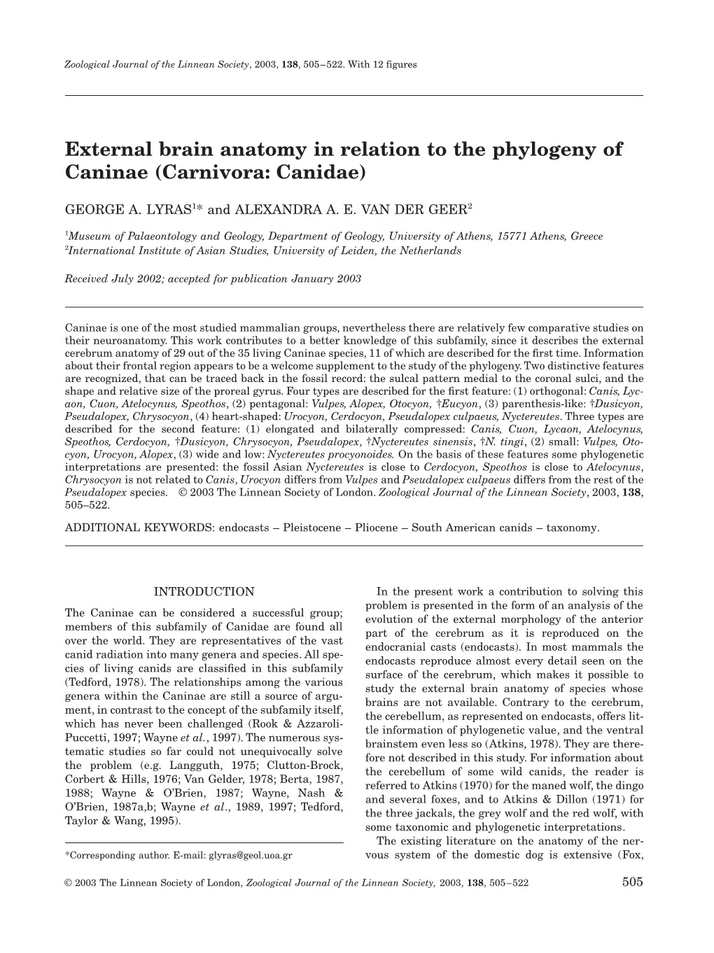 External Brain Anatomy in Relation to the Phylogeny of Caninae (Carnivora: Canidae)