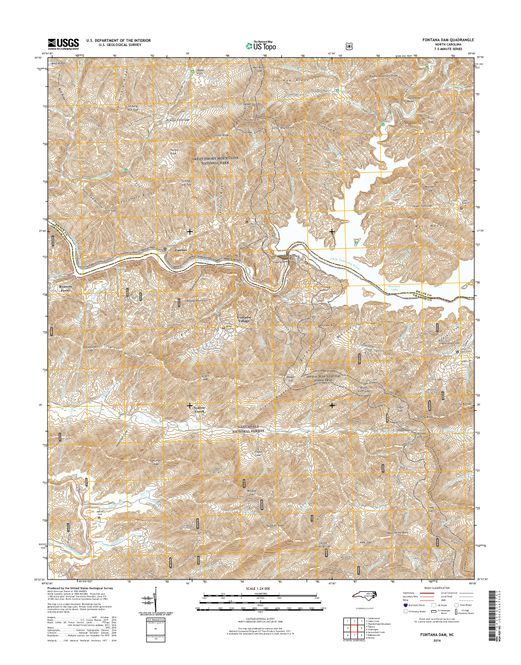 USGS 7.5-Minute Image Map for Fontana Dam, North