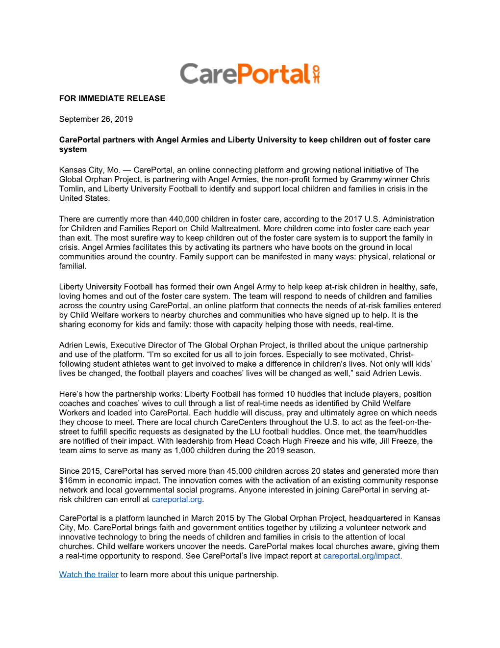 Careportal Partners with Angel Armies and Liberty University to Keep Children out of Foster Care System