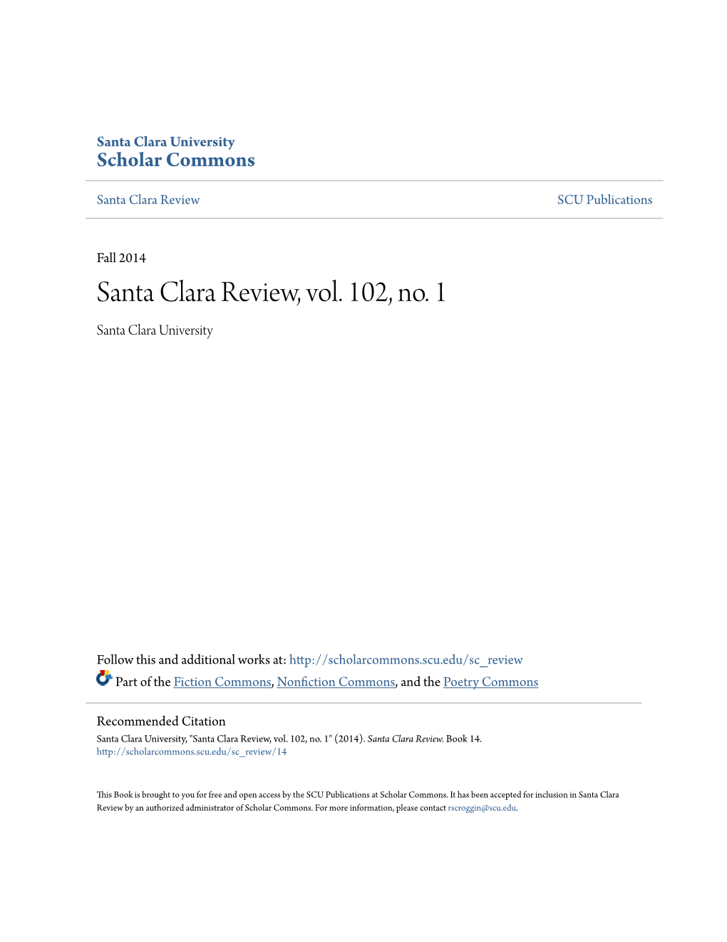 Santa Clara Review, Vol. 102, No. 1 Santa Clara University