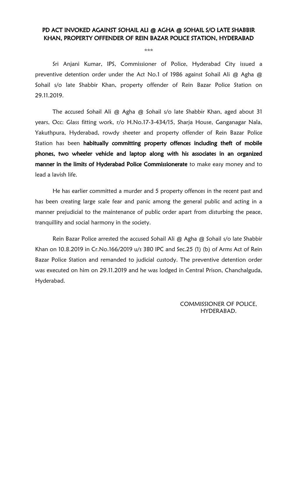 Pd Act Invoked Against Sohail Ali @ Agha @ Sohail S/O Late Shabbir Khan, Property Offender of Rein Bazar Police Station, Hyderabad