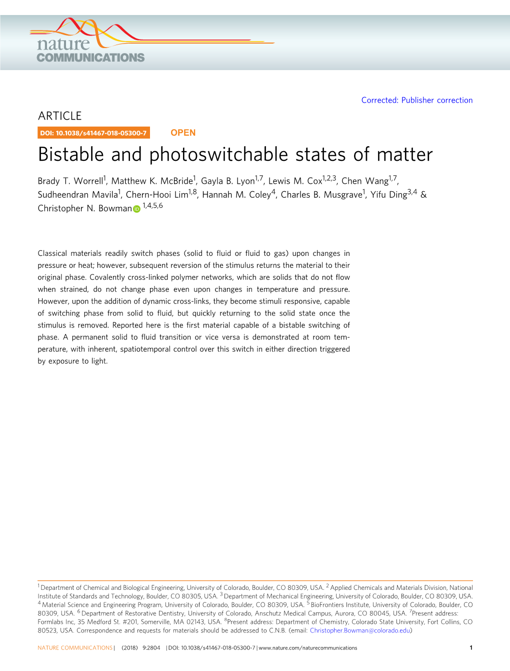 Bistable and Photoswitchable States of Matter