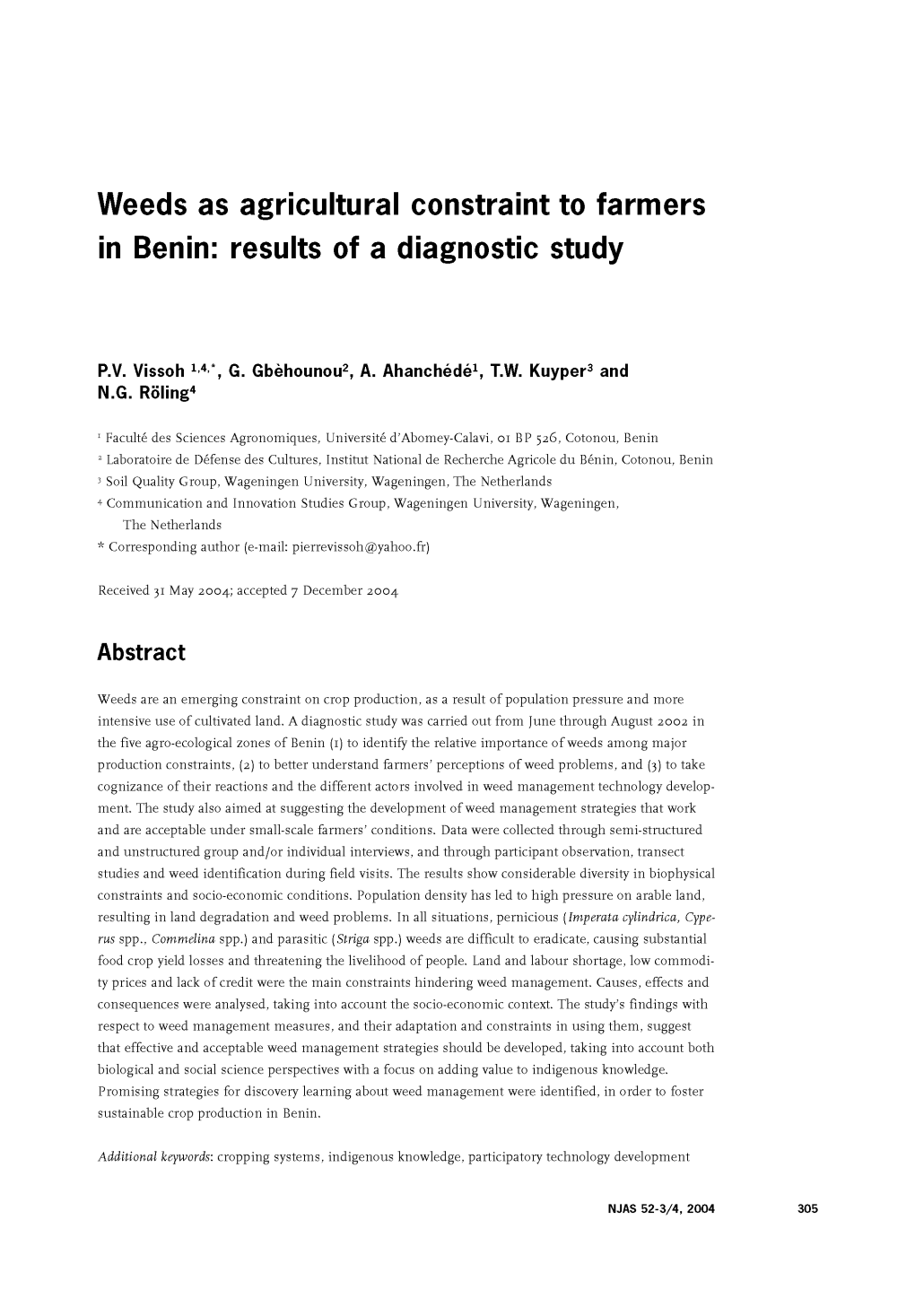 Weeds As Agricultural Constraint to Farmers in Benin: Results of a Diagnostic Study
