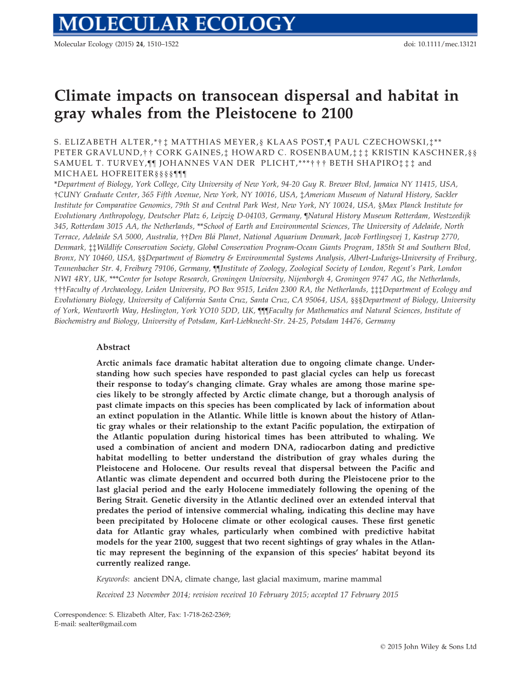 Climate Impacts on Transocean Dispersal and Habitat in Gray Whales from the Pleistocene to 2100