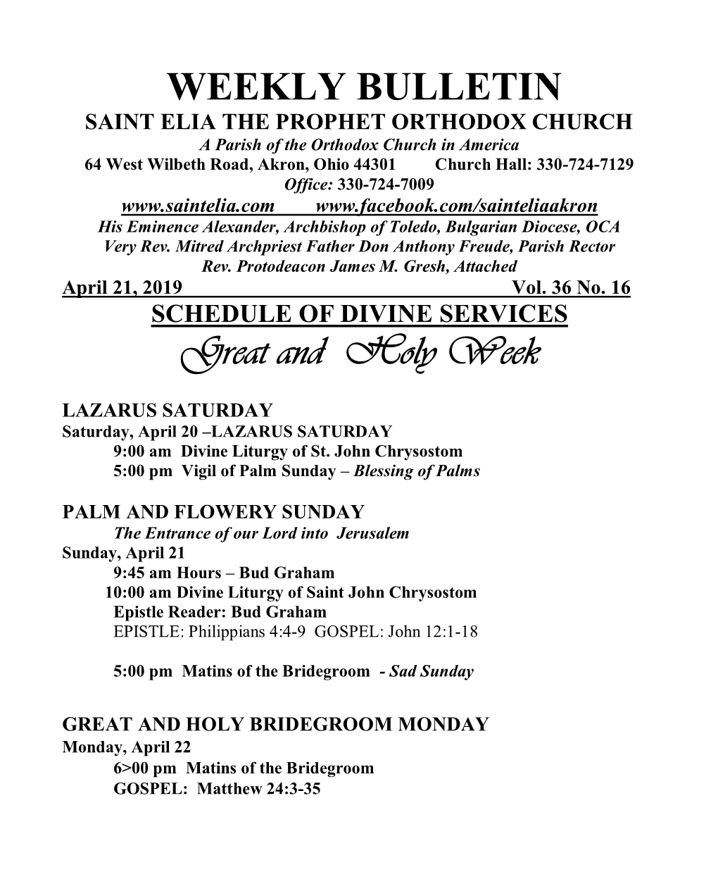 WEEKLY BULLETIN Great and Holy Week