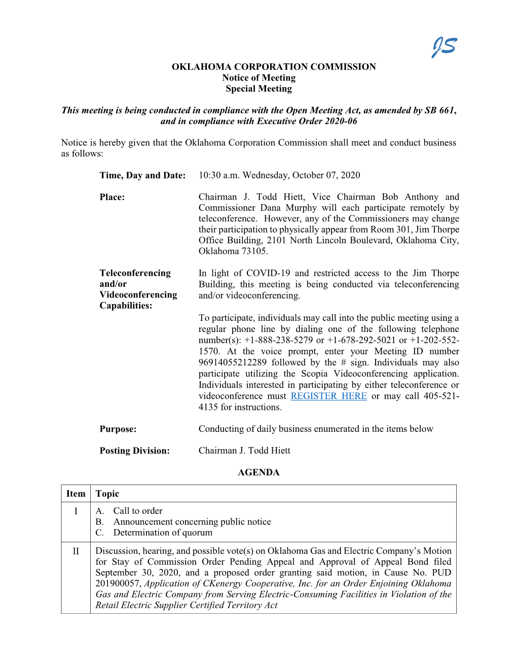 OKLAHOMA CORPORATION COMMISSION Notice of Meeting Special Meeting