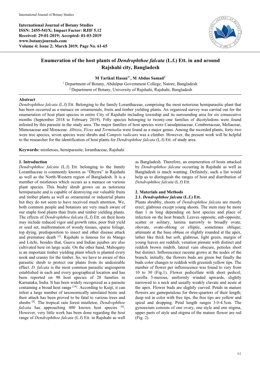 Enumeration of the Host Plants of Dendrophthoe Falcata (L.F.) Ett. in and Around Rajshahi City, Bangladesh