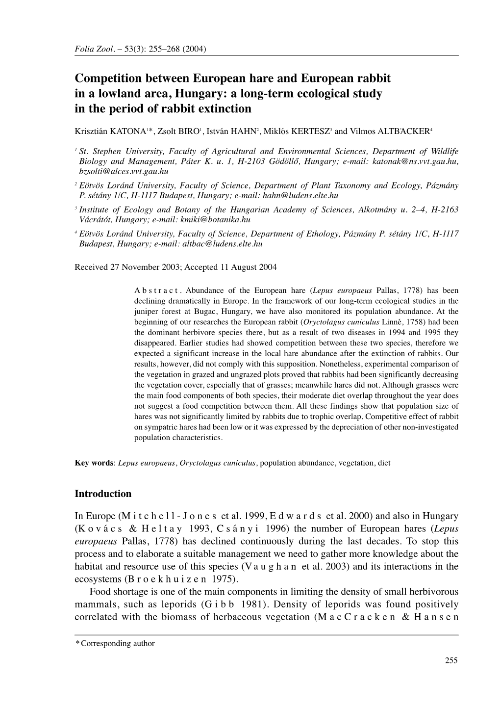 Competition Between European Hare and European Rabbit in a Lowland Area, Hungary: a Long-Term Ecological Study in the Period of Rabbit Extinction