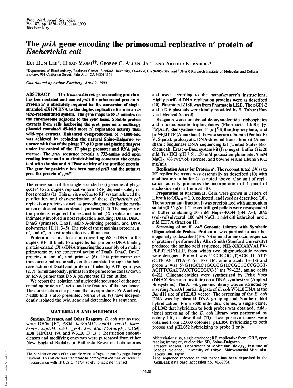 The Pria Gene Encoding the Primosomal Replicative N' Protein of Escherichia Coil Eui HUM LEE*, HISAO Masaitt, GEORGE C