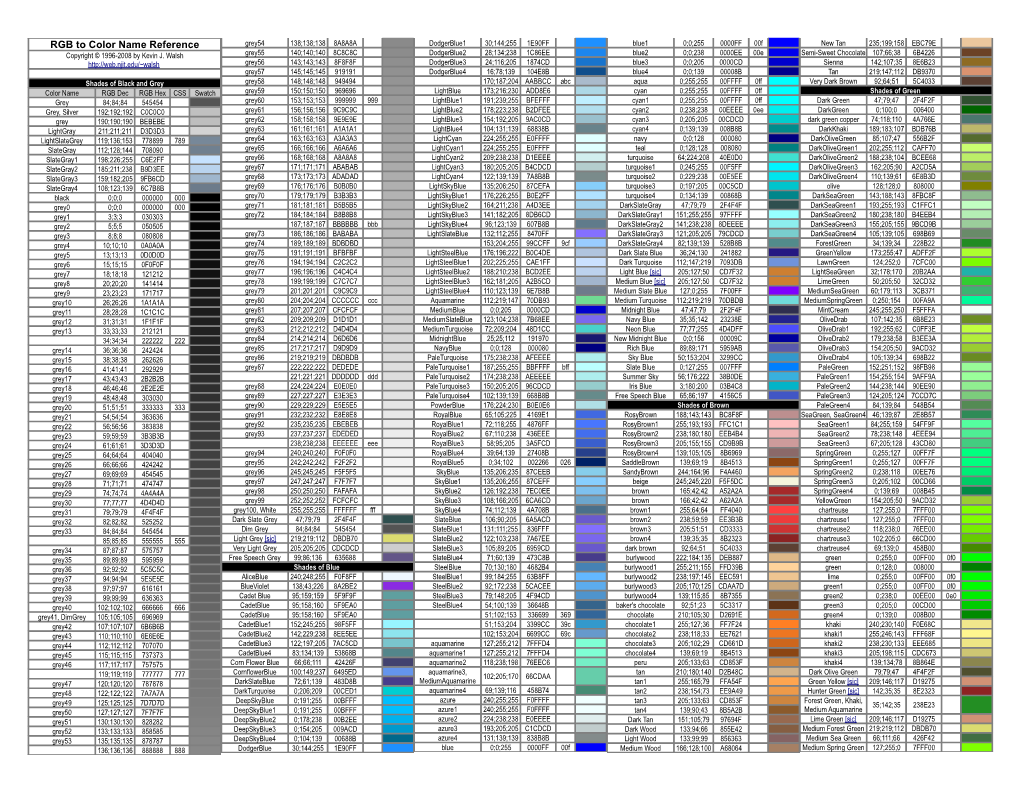 RGB to Color Name Reference