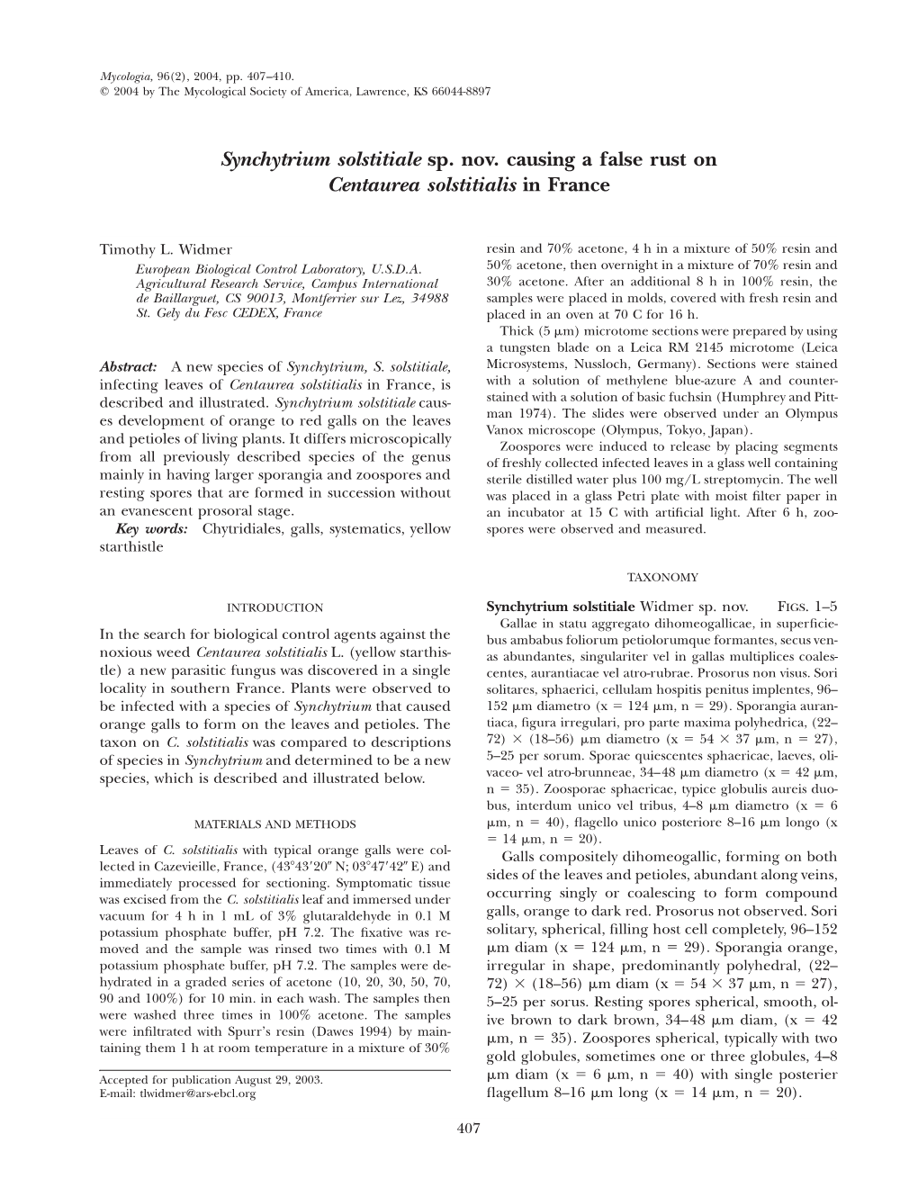 Synchytrium Solstitiale Sp. Nov. Causing a False Rust on Centaurea Solstitialis in France