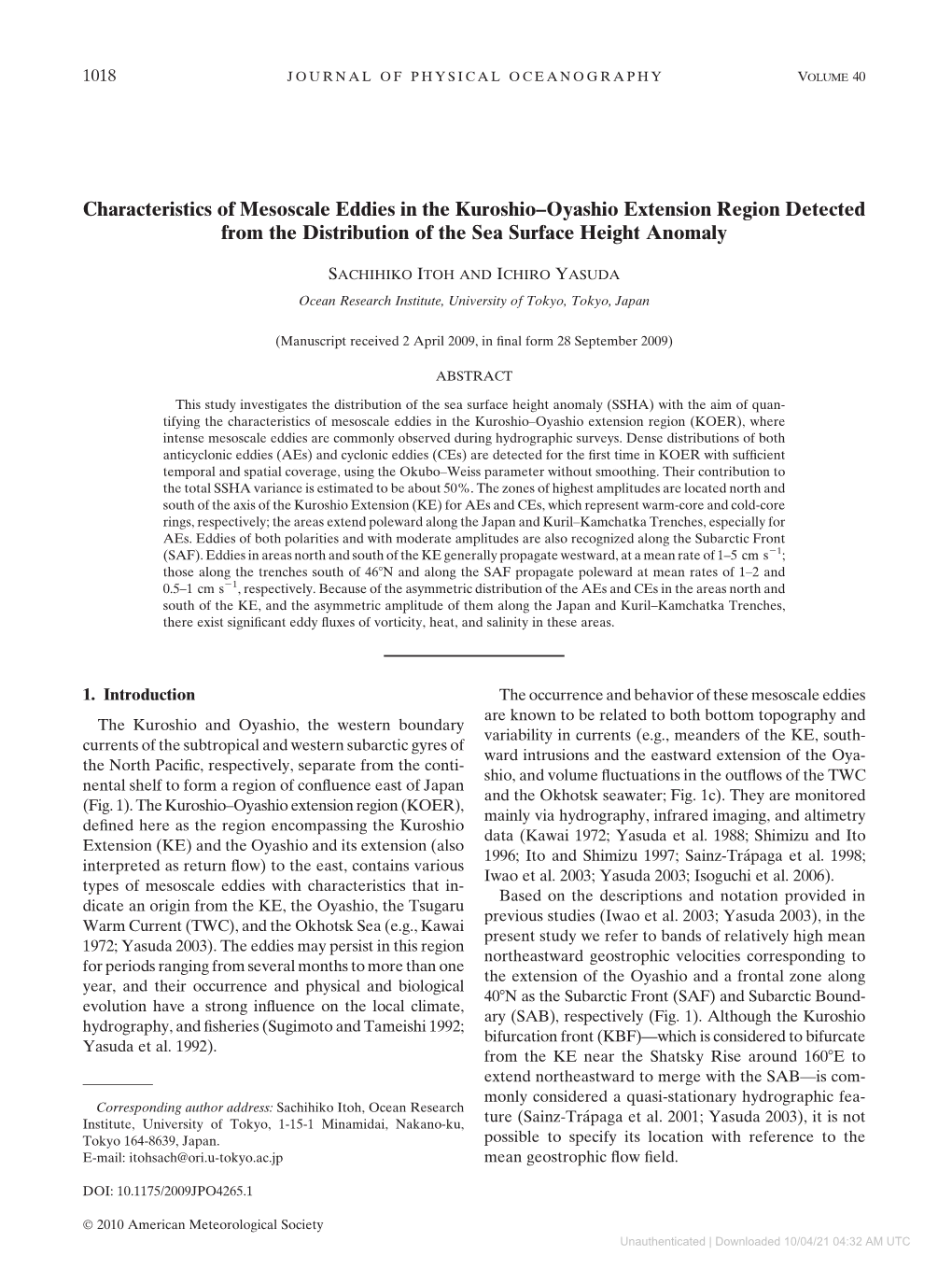 Characteristics of Mesoscale Eddies in the Kuroshio–Oyashio Extension Region Detected from the Distribution of the Sea Surface Height Anomaly