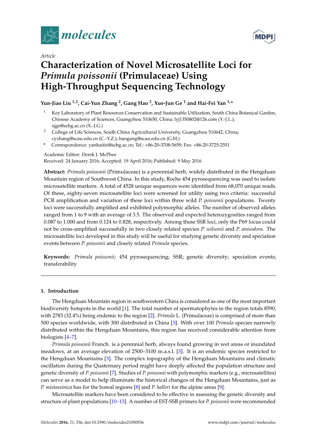 Characterization of Novel Microsatellite Loci for Primula Poissonii (Primulaceae) Using High-Throughput Sequencing Technology