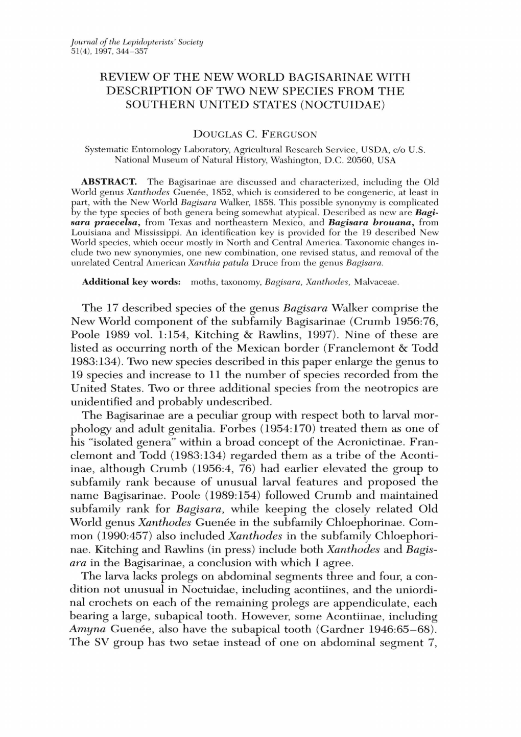 Review of the New World Bagisarinae with Description of Two New Species from the Southern United States (Noctuidae)