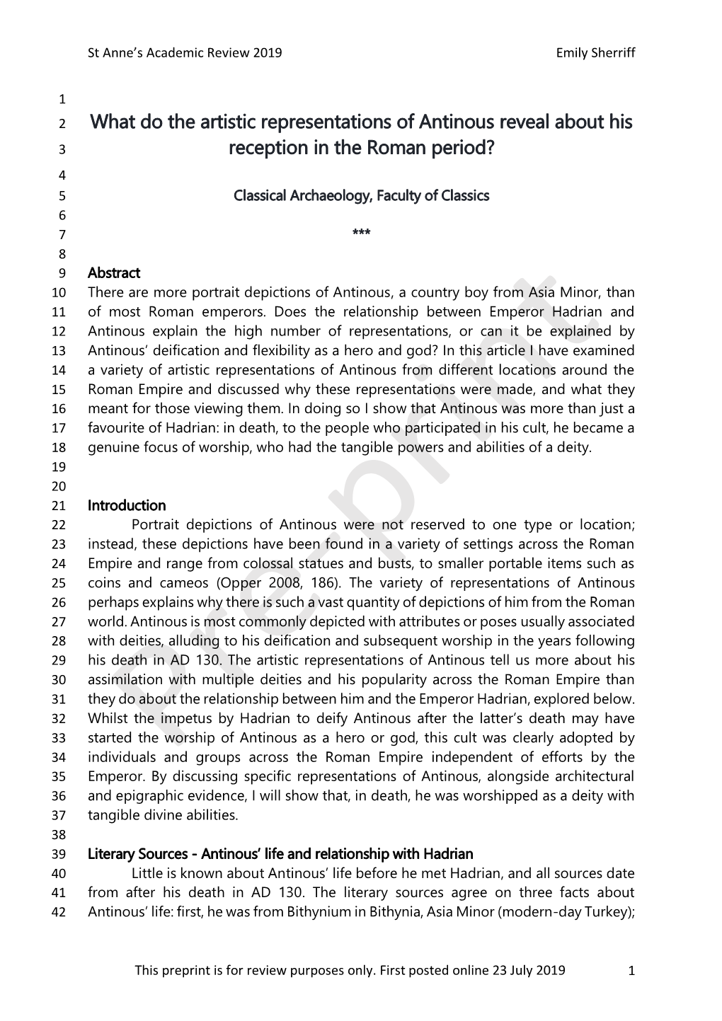 What Do the Artistic Representations of Antinous Reveal About His Reception in the Roman Period?’ by Emily Sherriff (STAAR 9 -2019)