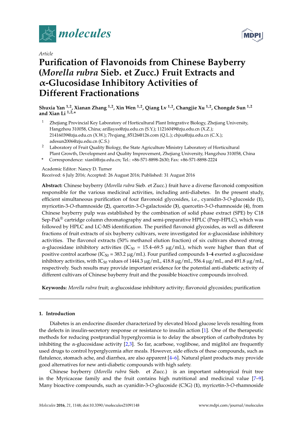 (Morella Rubra Sieb. Et Zucc.) Fruit Extracts and -Glucosidase Inhibitory