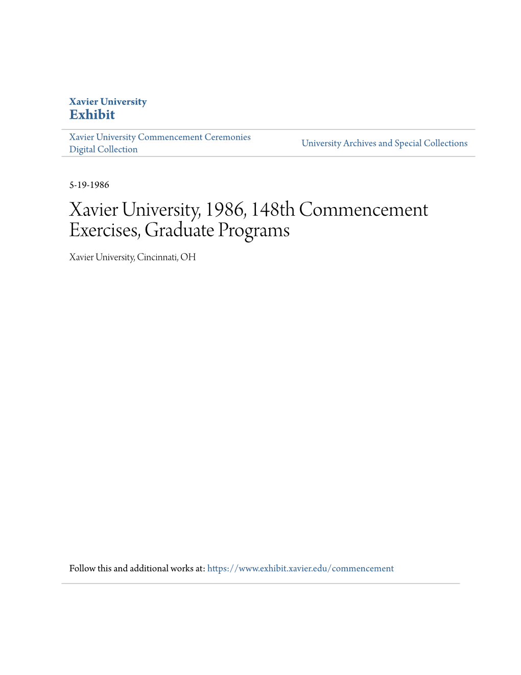 Xavier University, 1986, 148Th Commencement Exercises, Graduate Programs Xavier University, Cincinnati, OH