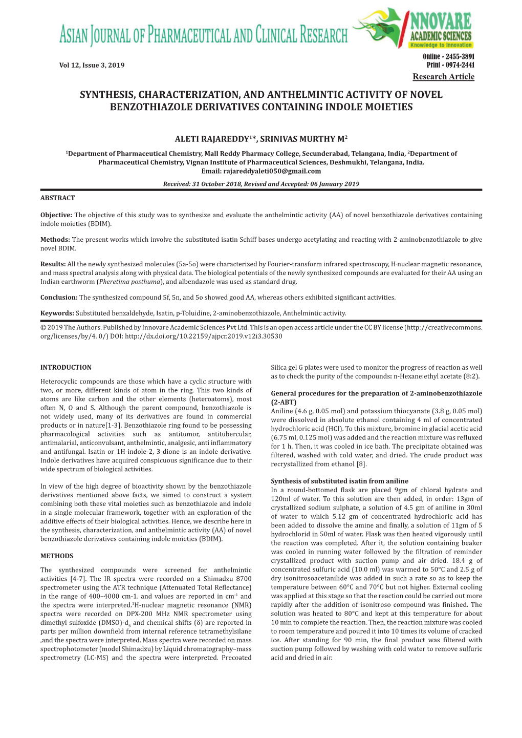 Synthesis, Characterization, and Anthelmintic Activity of Novel Benzothiazole Derivatives Containing Indole Moieties