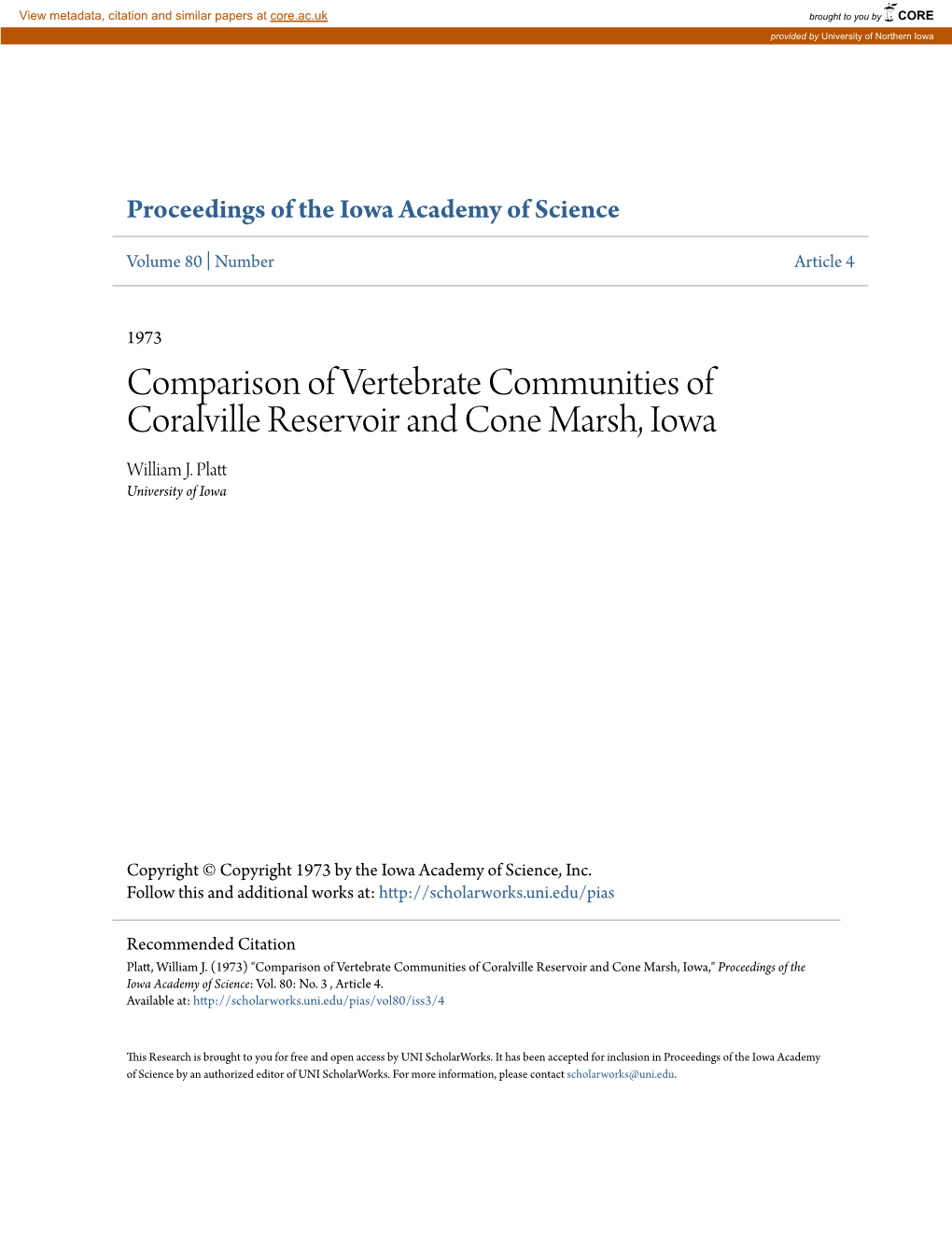 Comparison of Vertebrate Communities of Coralville Reservoir and Cone Marsh, Iowa William J