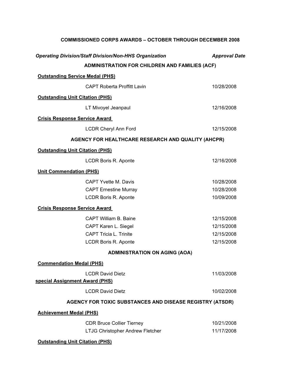 Commissioned Corps Awards – October Through December 2008