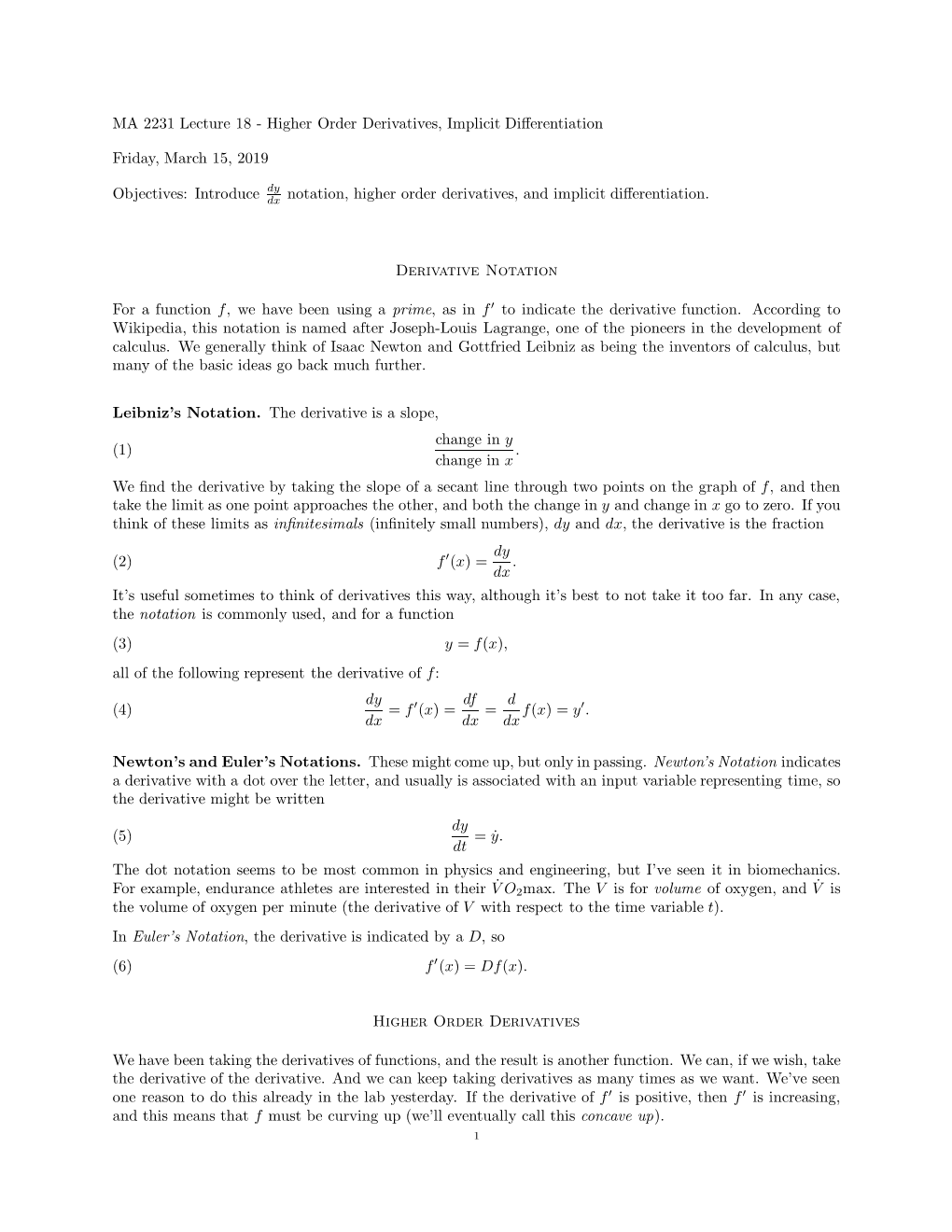 MA 2231 Lecture 18 - Higher Order Derivatives, Implicit Diﬀerentiation