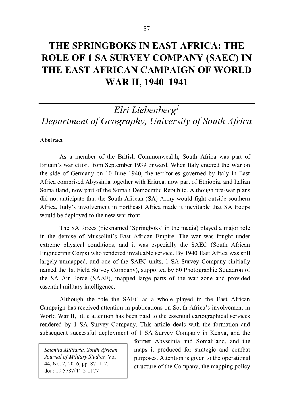 The Springboks in East Africa: the Role of 1 Sa Survey Company (Saec) in the East African Campaign of World War Ii, 1940–1941