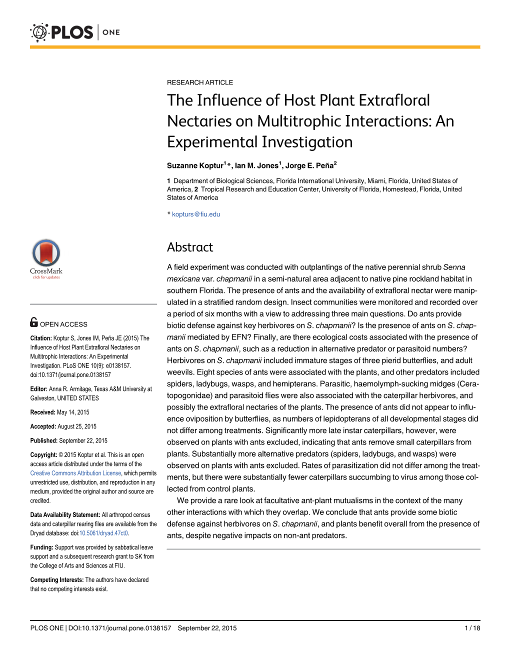 The Influence of Host Plant Extrafloral Nectaries on Multitrophic Interactions: an Experimental Investigation