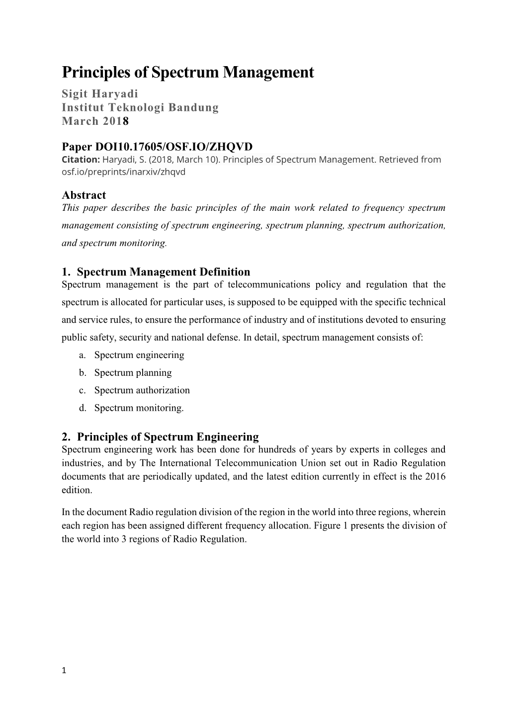 Principles of Spectrum Management Sigit Haryadi Institut Teknologi Bandung March 2018