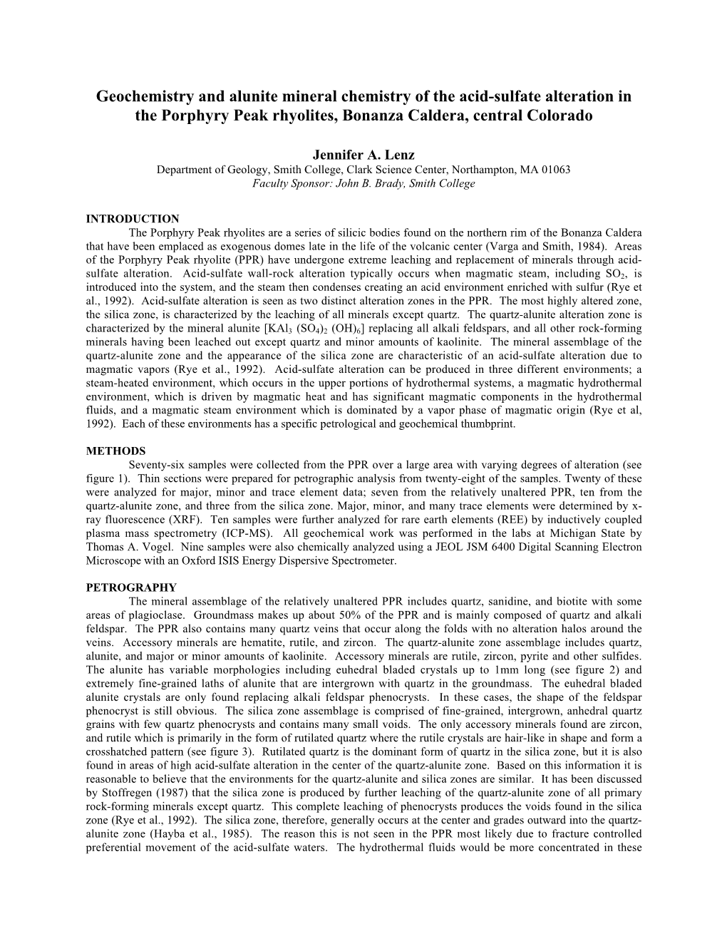 Geochemistry and Alunite Mineral Chemistry of the Acid-Sulfate Alteration in the Porphyry Peak Rhyolites, Bonanza Caldera, Central Colorado