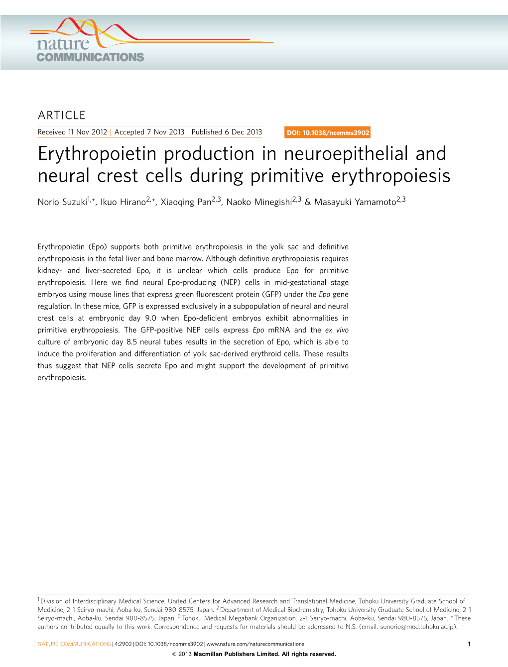 Erythropoietin Production in Neuroepithelial and Neural Crest Cells During Primitive Erythropoiesis