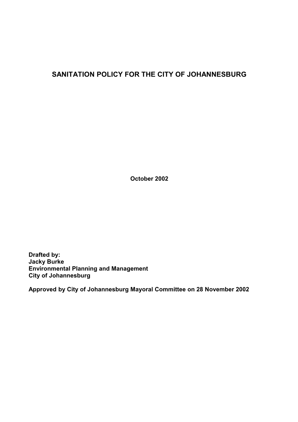 Sanitation Policy for the City of Johannesburg