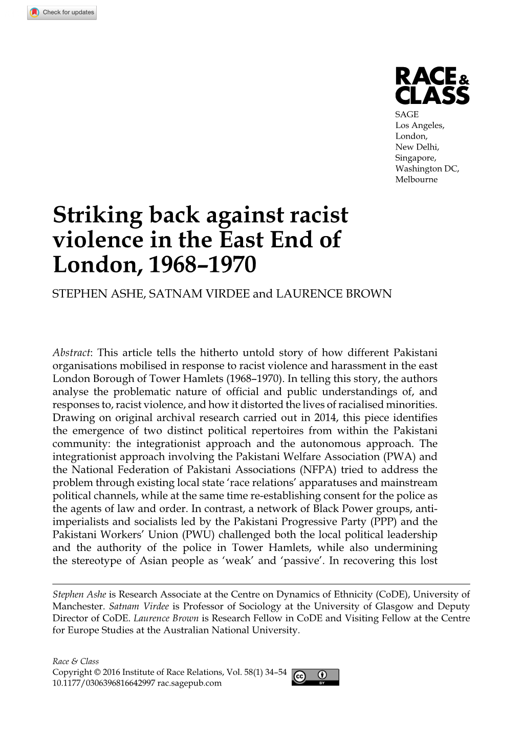 Striking Back Against Racist Violence in the East End of London, 1968–1970 Stephen Ashe, Satnam Virdee and Laurence Brown